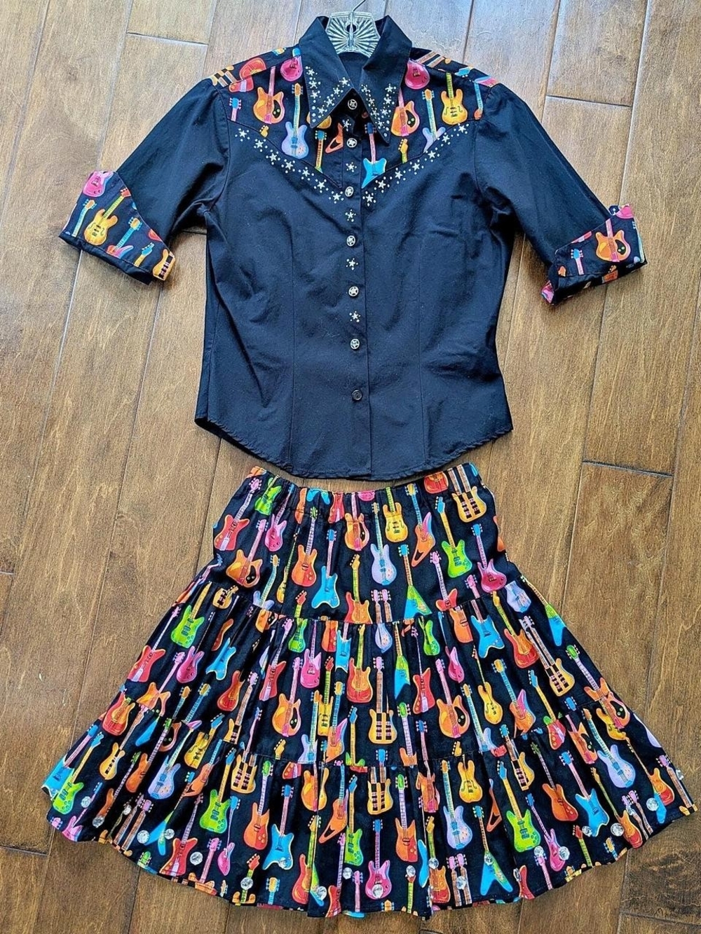Vintage Black Guitar-Print Skirt & Button Shirt Set With Rhinestone Details
